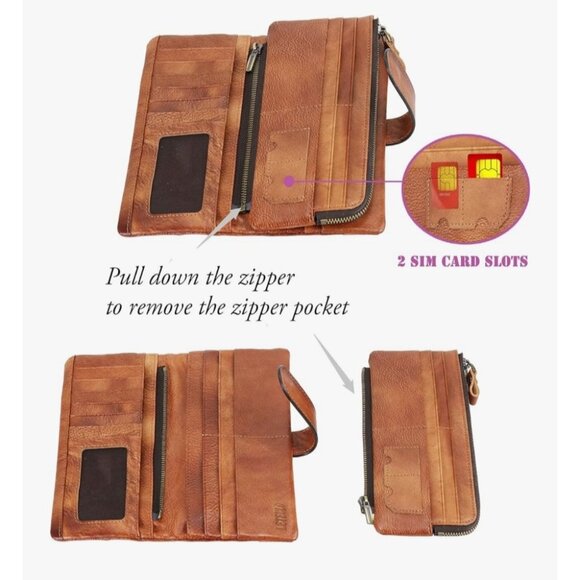 Genuine Leather Brown Zip Wallet With Card Slots & ID Window By Leteulo - Picture 3 of 12